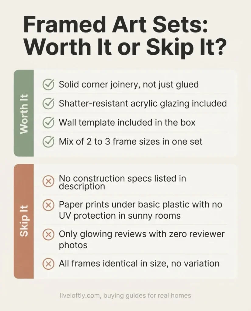 Worth it versus skip it summary card for buying framed art sets for a gallery wall, listing honest buyer signals for budget and mid-range sets