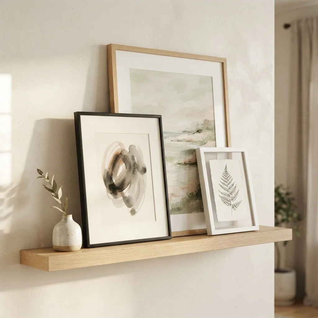 Close-up of a floating shelf with a large framed landscape print leaning at the back, two smaller framed prints layered in front at different heights, warm neutral tones