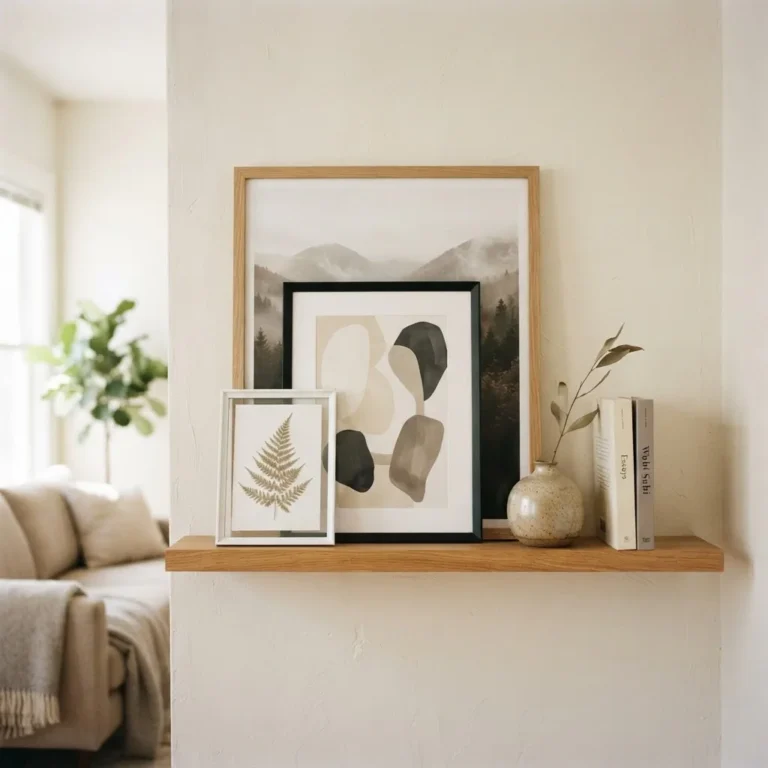 Styled picture ledge with layered framed art prints in black and natural wood frames, small ceramic vase, and stacked books in a bright neutral rental living room