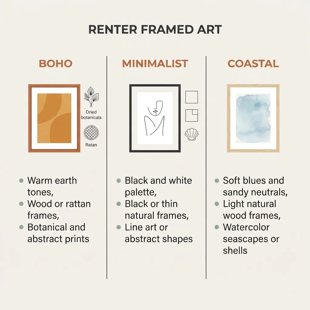 Style comparison infographic showing three framed wall art looks for renters: boho warm tones, minimalist black and white, and coastal soft blue, flat design guide