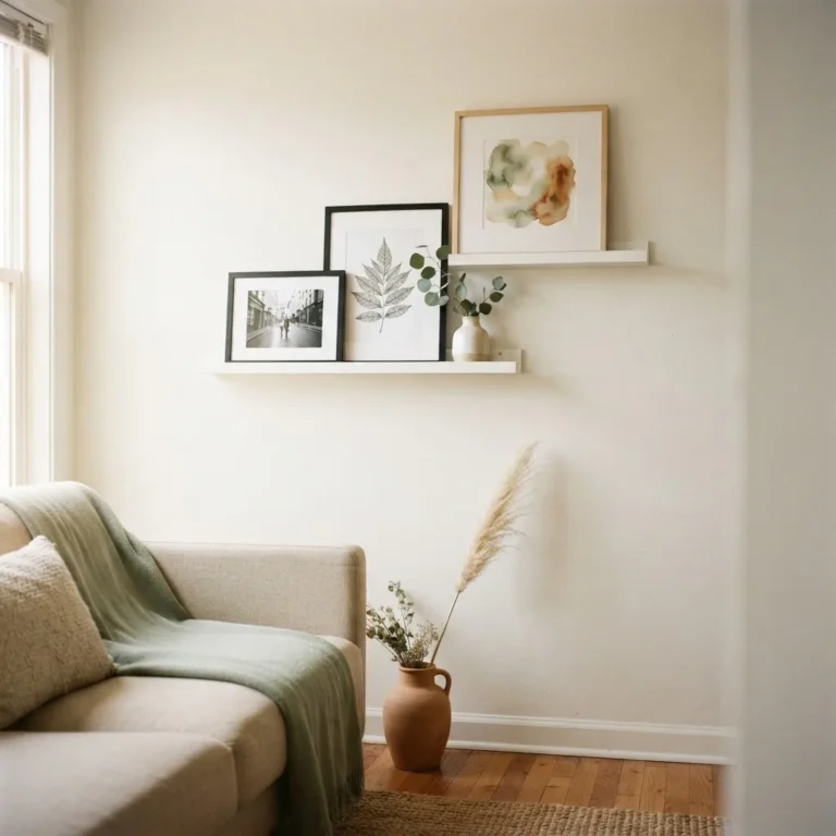 Renter-friendly living room with two staggered white picture ledges displaying layered framed art in black frames, natural wood tones, and botanical prints, warm natural window light, calm neutral palette
