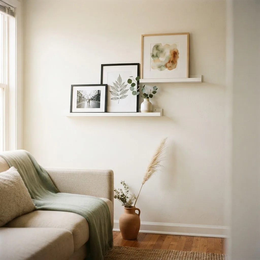 Renter-friendly living room with two staggered white picture ledges displaying layered framed art in black frames, natural wood tones, and botanical prints, warm natural window light, calm neutral palette