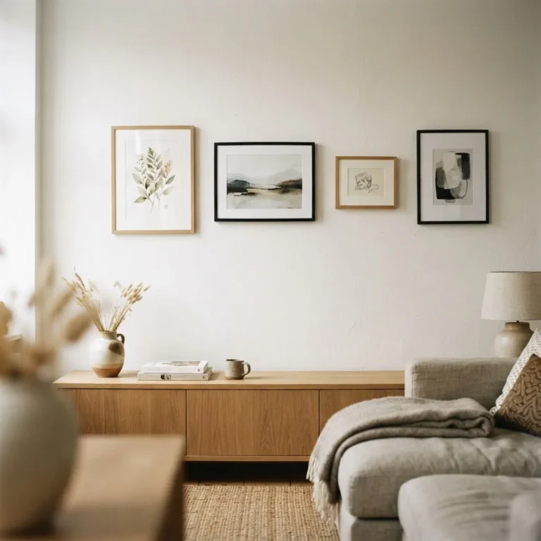 A row of framed art hanging perfectly straight on a smooth white apartment wall in a lived-in living room, natural light from a nearby window, calm neutral home setting