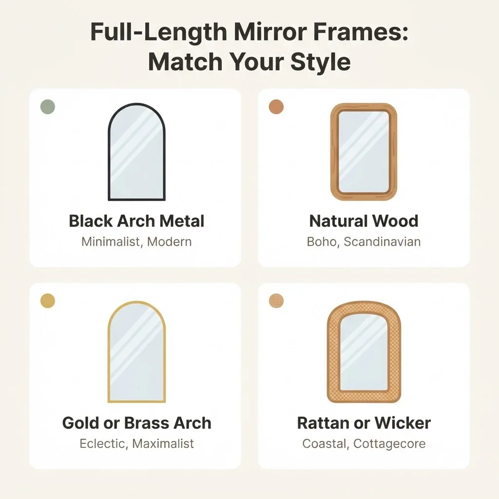 Flat infographic comparing four full-length mirror frame styles for small bedrooms including black arch, natural wood, gold arch, and rattan, each paired with its matching decor aesthetic