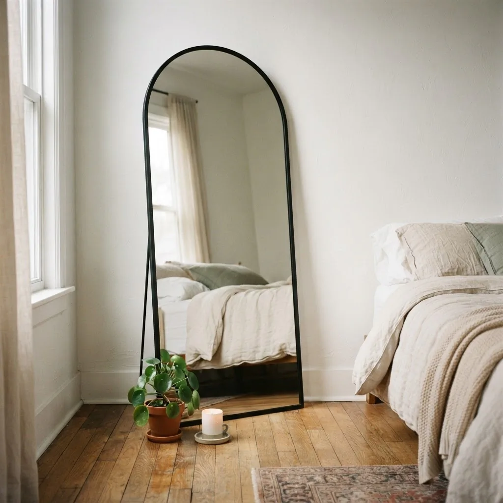 Tall arched black metal full-length mirror leaning against a white wall in a calm, small bedroom with warm natural window light, neutral linen bedding, and a small potted plant at the base