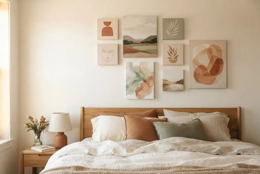 Mixed-size gallery cluster of canvas prints on a bedroom wall above a bed, varying canvas sizes in a cohesive muted earth-tone and sage palette, soft natural morning light
