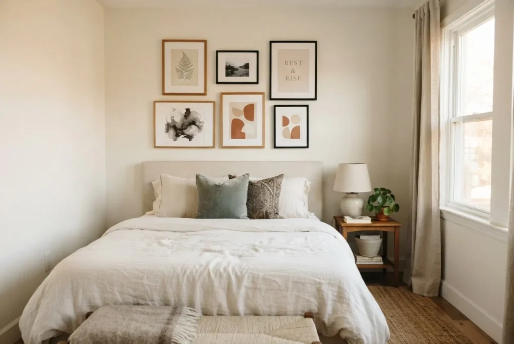 Organic gallery wall arrangement of six mismatched frames in warm wood and black above a white linen queen bed, small bedroom, cozy natural light