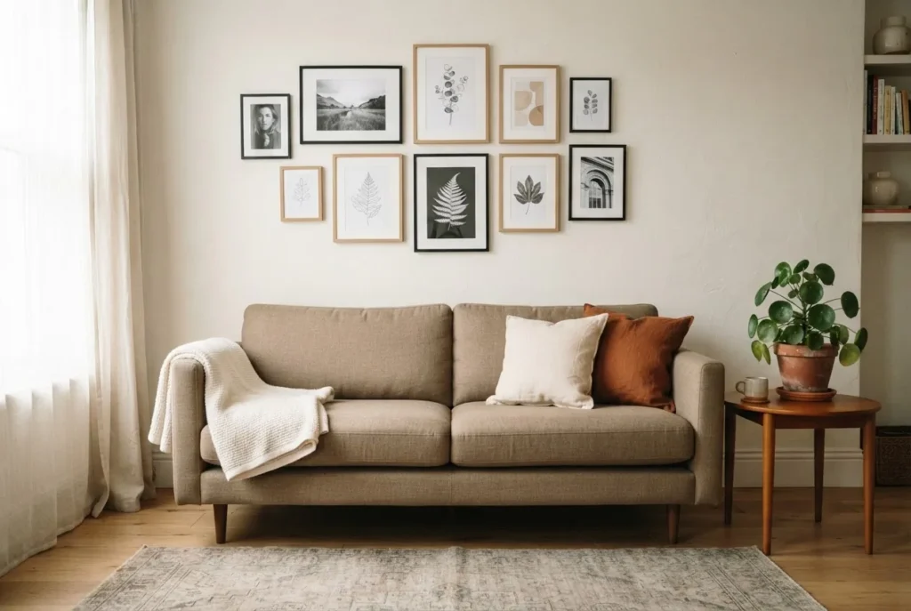 Gallery wall of mixed-size frames in black and wood tones above a grey sofa, warm living room, 2 to 3 inch frame spacing, cozy boho style