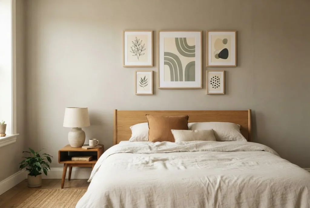Styled rental apartment bedroom gallery wall with five mismatched botanical and line art prints unified in matching thin white frames on a soft greige wall above a linen bed