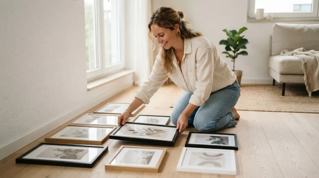 Woman arranging framed art prints on a wood floor planning a gallery wall layout before hanging in a bright apartment
