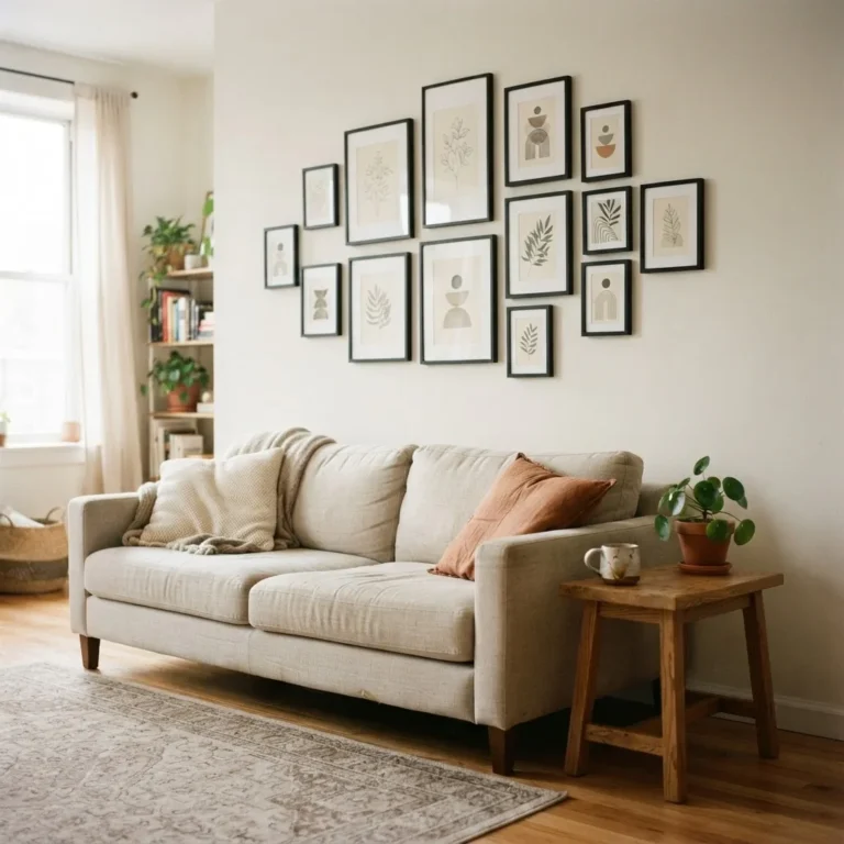 Coordinated framed art gallery wall displayed above a sofa in a small apartment living room, mixed frame sizes in black, warm natural light