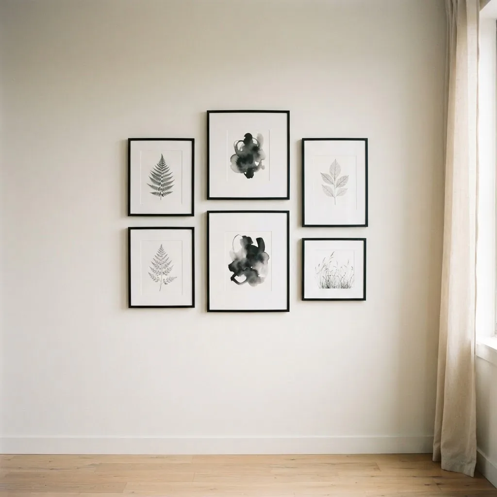 Small gallery wall of mixed-size framed prints on a white rental apartment wall hung with damage-free adhesive strips
