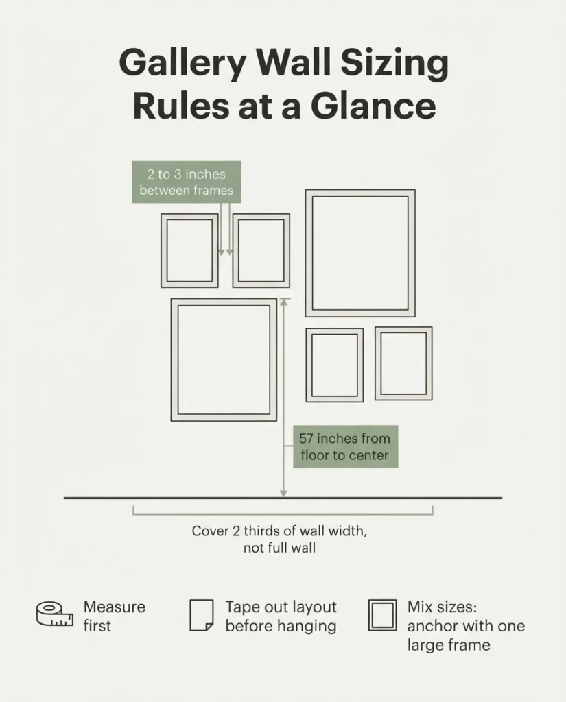 Top-down diagram showing gallery wall frame sizing guide with 2 to 3 inch spacing rule, 57 inch center height, and two-thirds wall width coverage rule