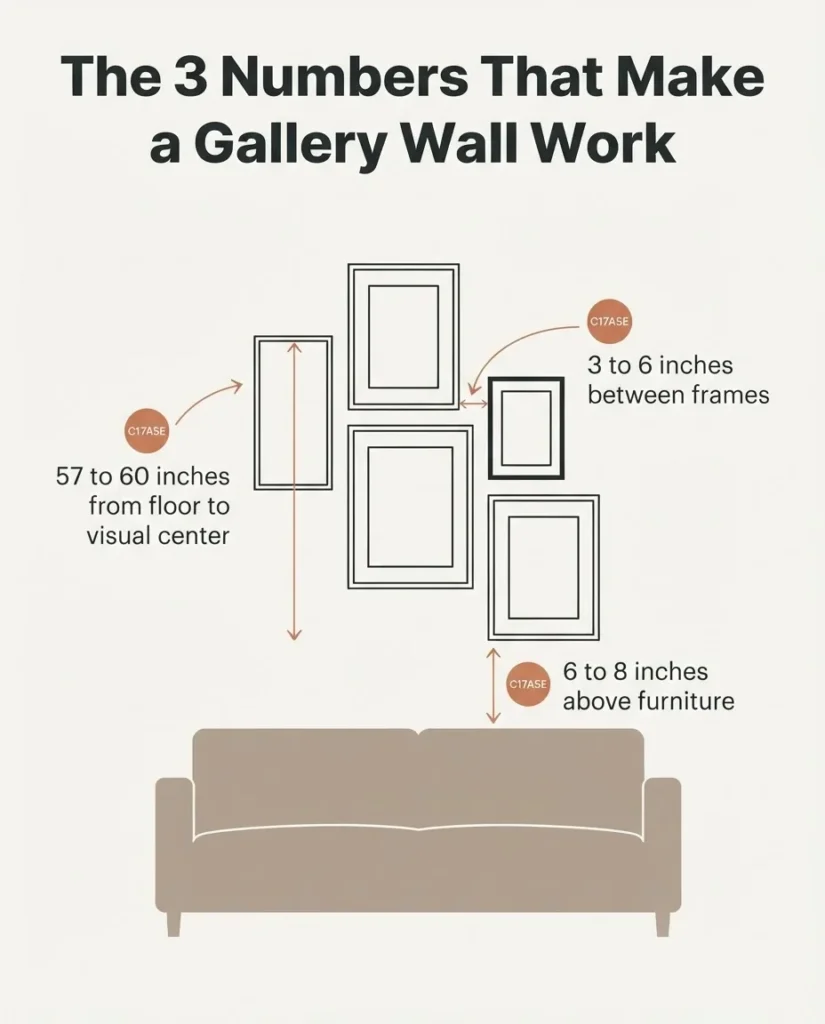 Infographic diagram showing gallery wall spacing rules including 57 to 60 inch hanging height and 3 to 6 inch frame spacing