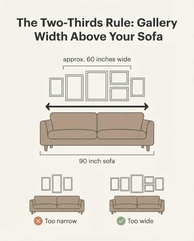 Diagram showing the two thirds proportion rule for hanging a gallery wall above a sofa with correct width and height measurements
