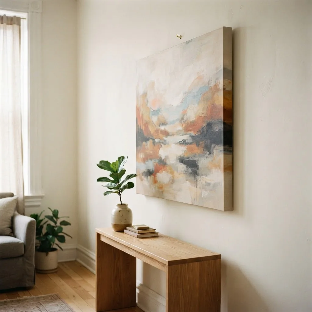 gallery-wrapped canvas print hung on a white apartment wall above a small sofa with no frame, showing the 1.5-inch depth profile and ready-to-hang look in a real living space