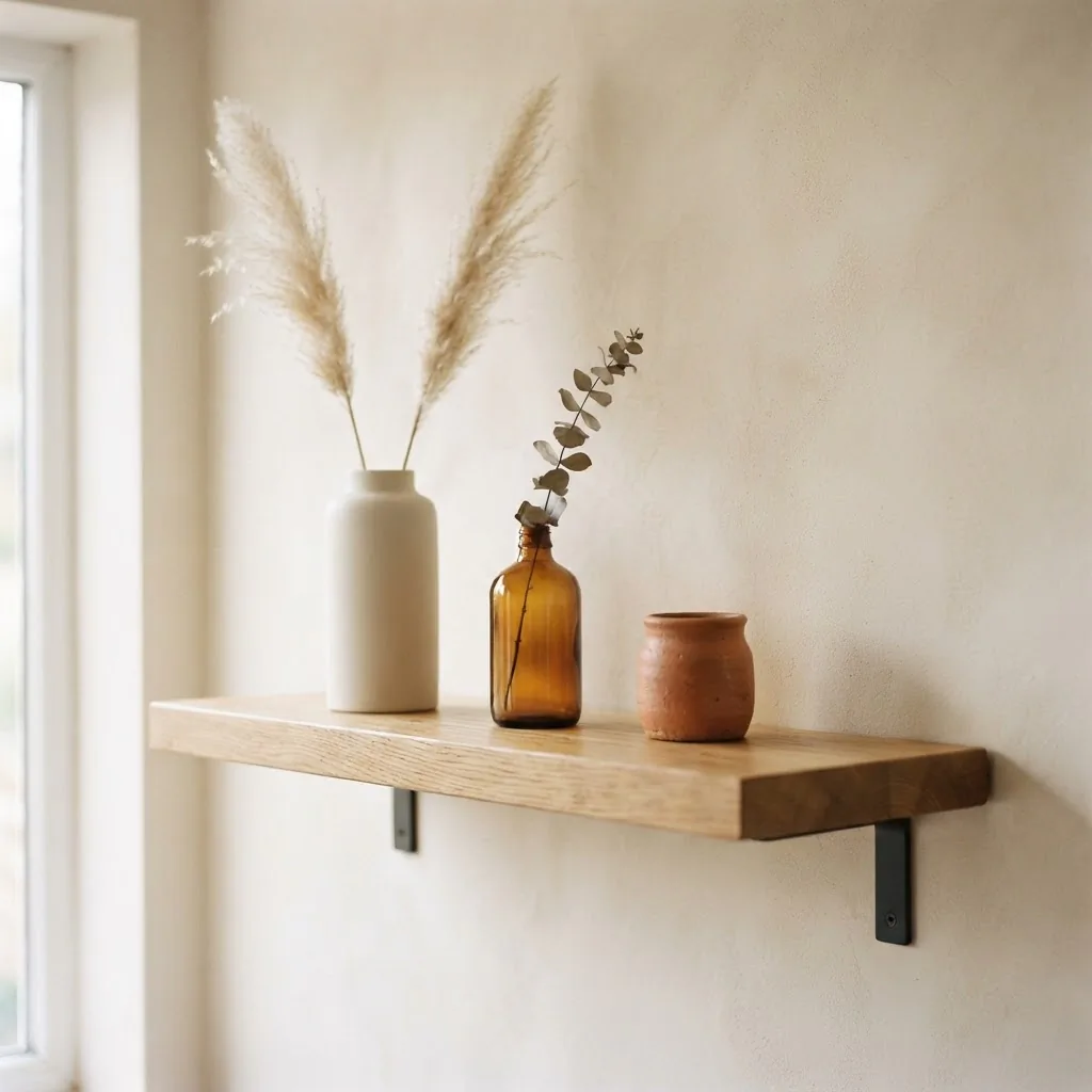 Three ceramic vases in varying heights grouped on a wooden shelf in a renter-friendly living room, mixed textures including matte white, warm terracotta, and amber glass, dried stems
