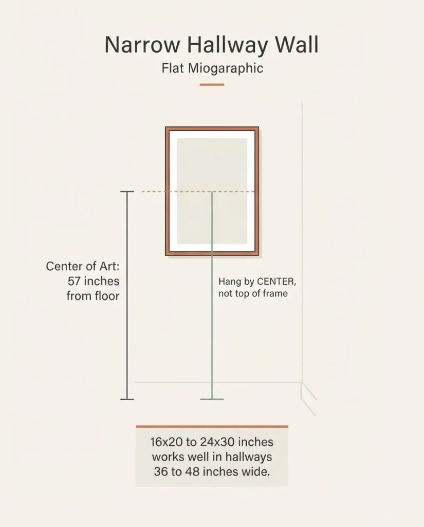 Diagram showing the 57-inch art hanging height rule for a narrow hallway wall, with measurement labels from floor to center of frame