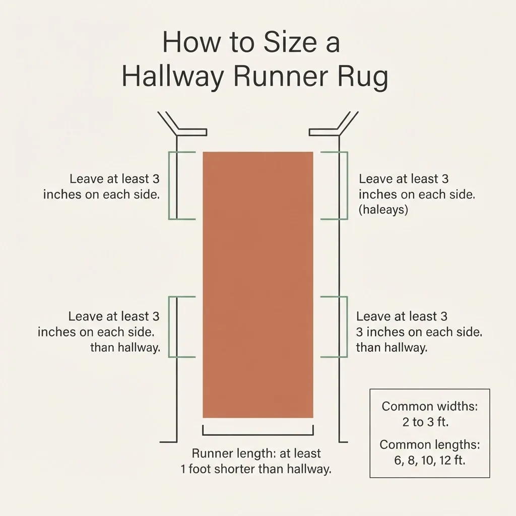 Infographic showing correct hallway runner rug sizing with floor gap measurements and width-to-hallway proportion guide