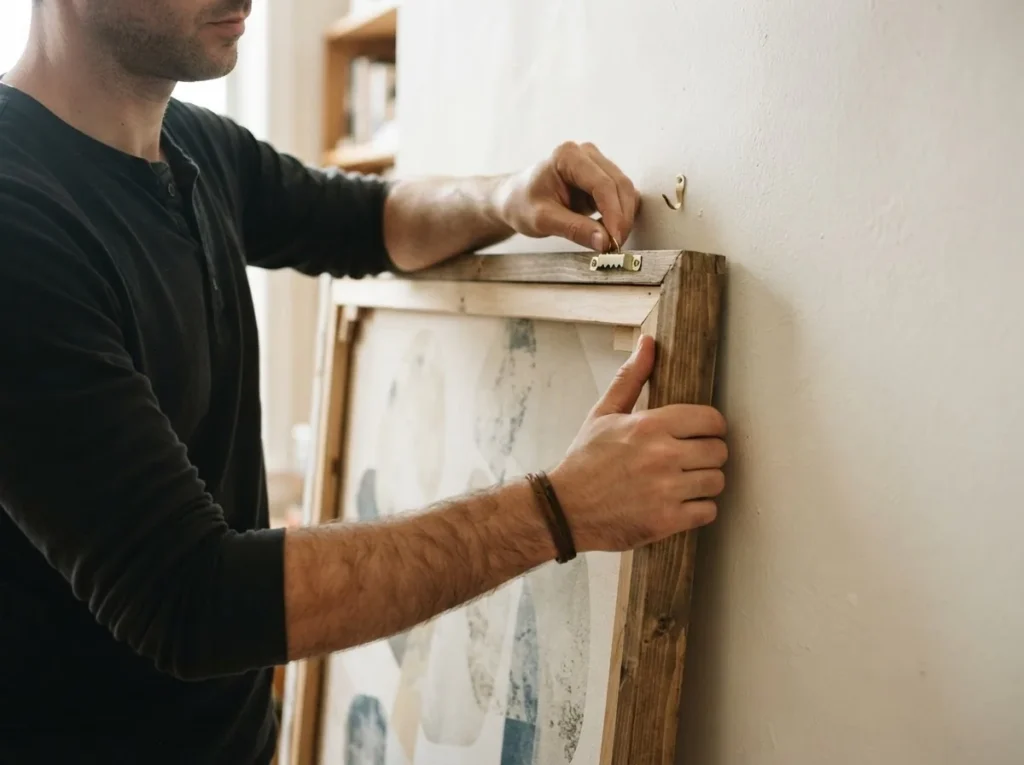 Hands positioning a large framed canvas print against a white apartment wall, showing hanging hardware and real-room installation context