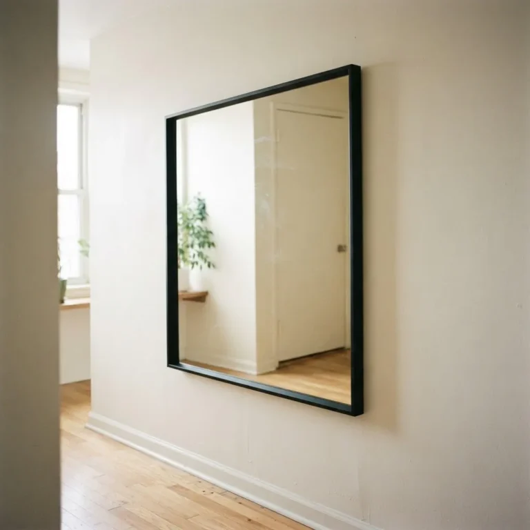 large framed wall mirror hung safely on a drywall wall in a bright rental apartment hallway, warm natural light, real home context