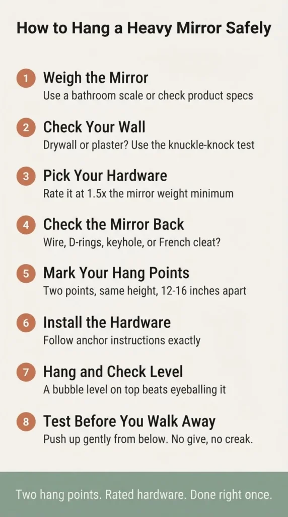 step by step checklist infographic for hanging a heavy mirror safely, eight steps from weighing the mirror to testing the install, renter friendly