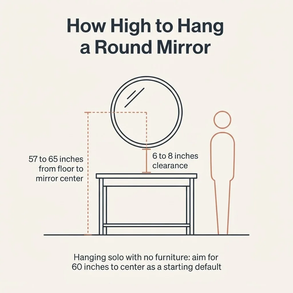 Diagram showing correct round mirror hanging height at 57 to 65 inches from floor with 6 to 8 inch clearance above furniture