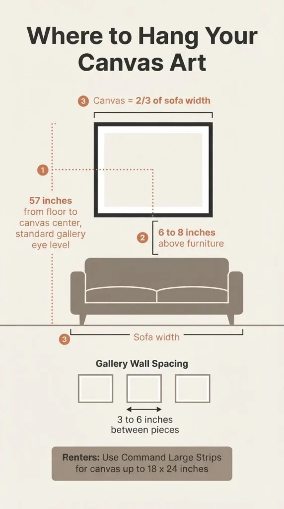 Diagram showing the 57-inch hanging height rule for canvas wall art, with labeled measurements for center of artwork, distance above sofa, and gallery spacing