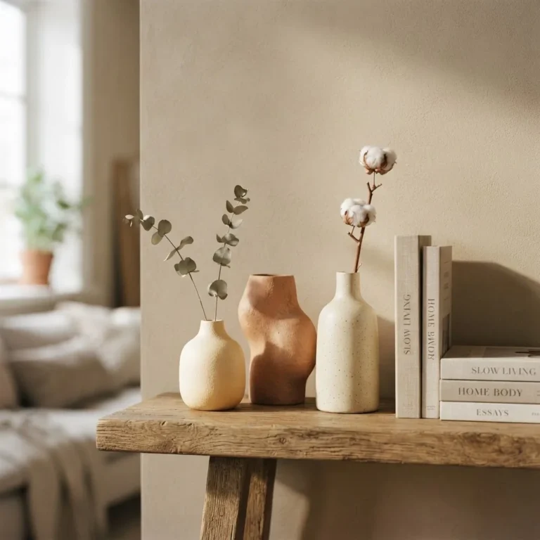 Calm styled shelf vignette with three ceramic vases in warm neutral tones, dried eucalyptus stems, and a small stack of books in a bright Scandinavian-inspired living room