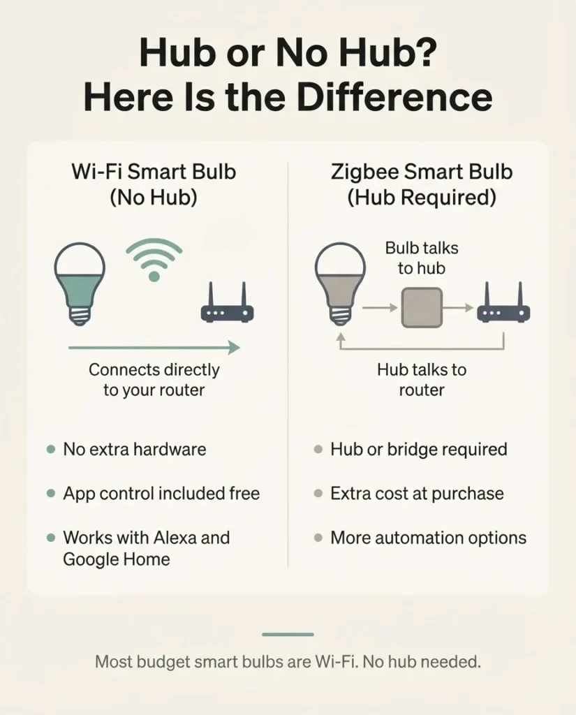 Flat diagram comparing a hub-required smart bulb setup using a Zigbee bridge versus a hub-free Wi-Fi smart bulb connecting directly to a router, with labeled connection paths