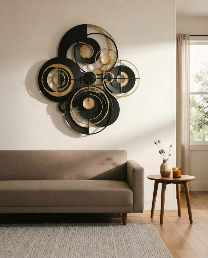 Large black and gold 3D sculptural metal wall art hung on a living room wall above a sofa, showing real-room scale and shadow depth detail