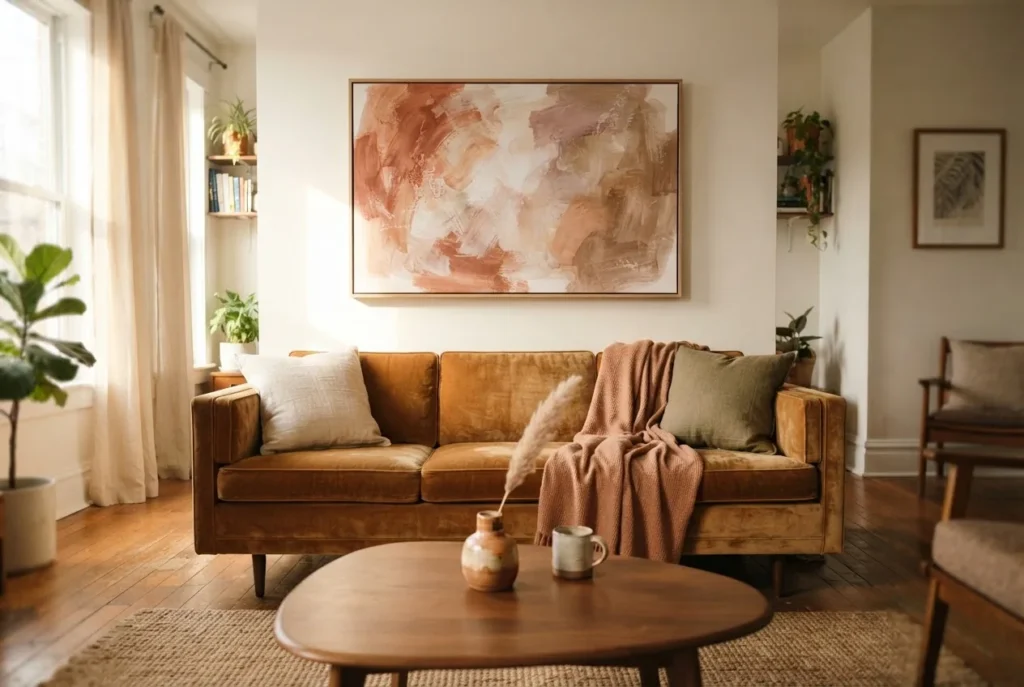 Large warm terracotta and cream abstract canvas print above a mid-century sofa in a small living room, natural light, minimal styling