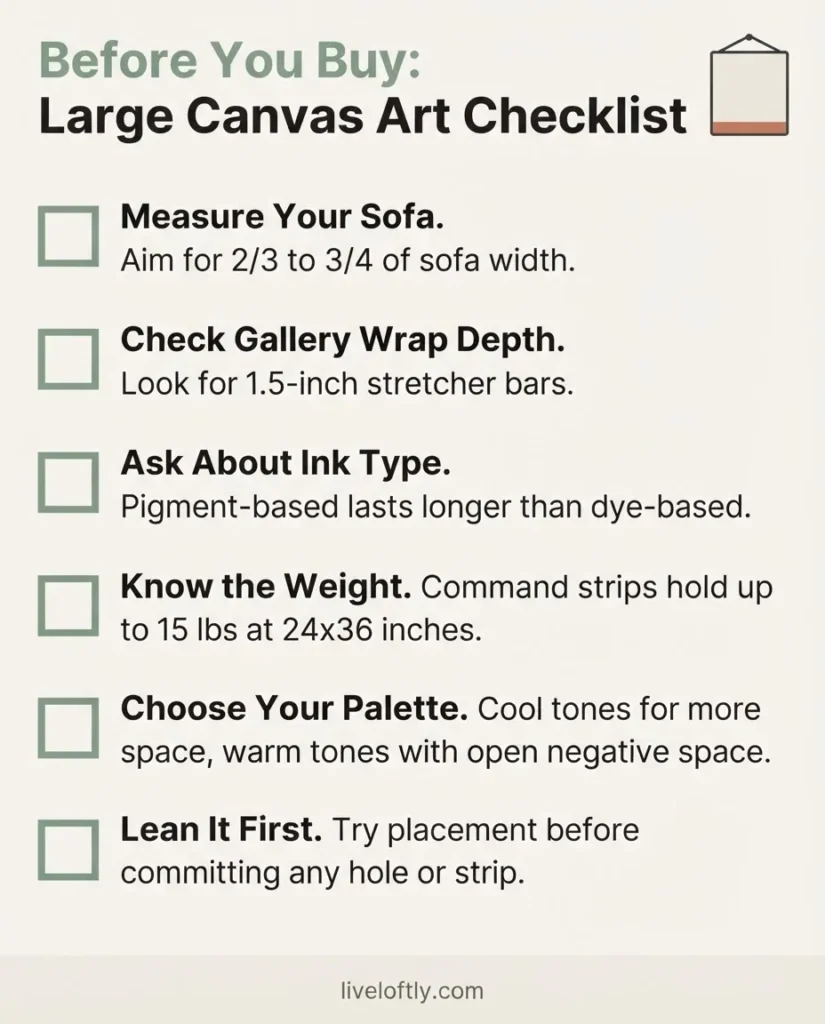 Minimalist infographic checklist for buying large canvas wall art, covering sizing, gallery wrap depth, ink type, weight, palette, and hanging method