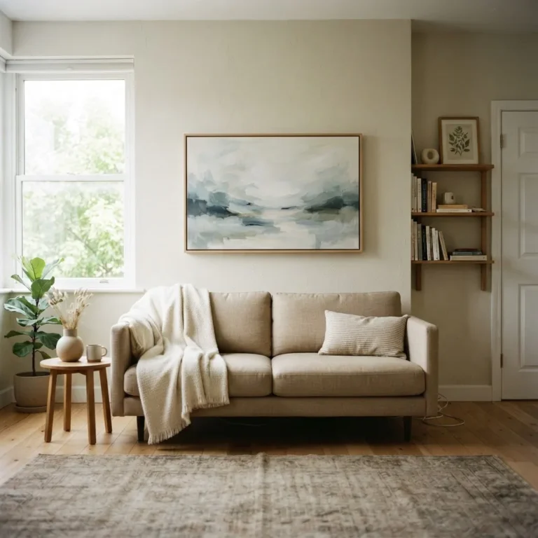 Large horizontal canvas print above a neutral linen sofa in a small bright living room, calm minimal styling with warm natural light