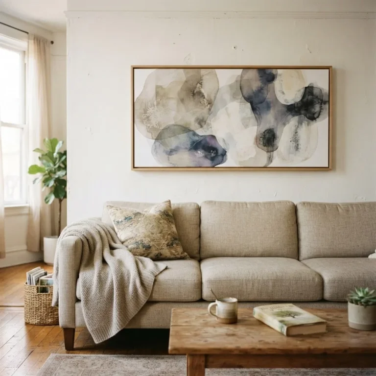 Large abstract canvas print hung above a neutral linen sofa in a small apartment living room, showing real-room scale and proportion