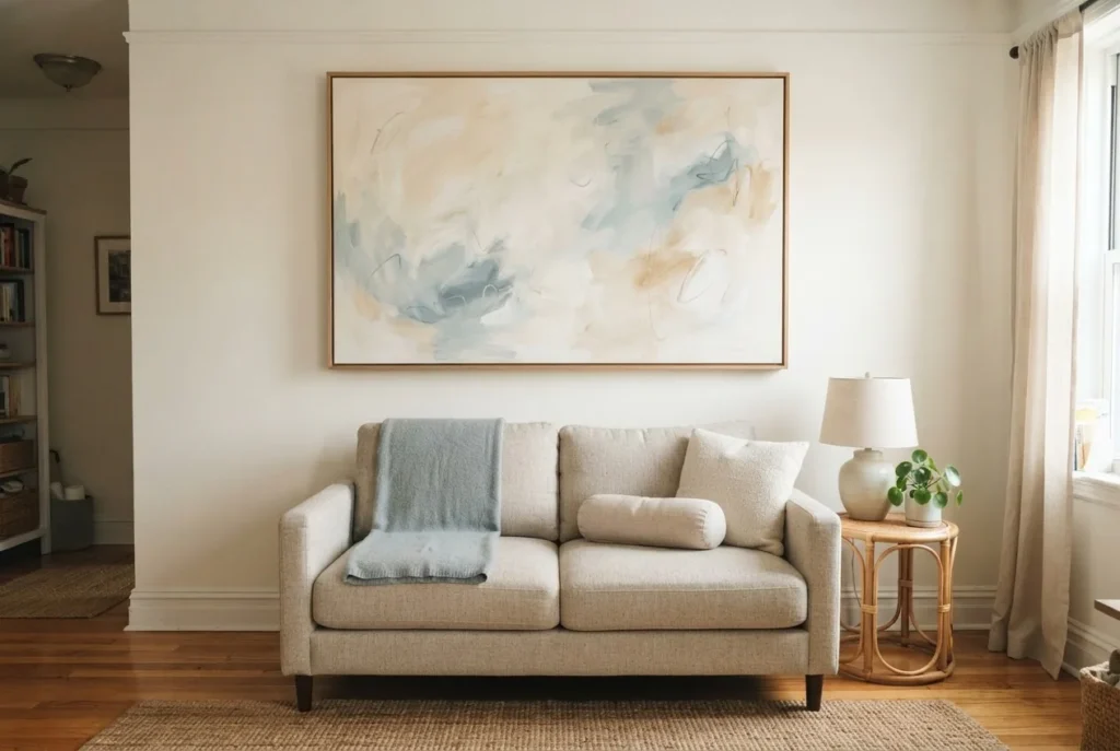 Single large abstract canvas print on white wall above a compact sofa in a small apartment living room, open negative space, calm neutral palette