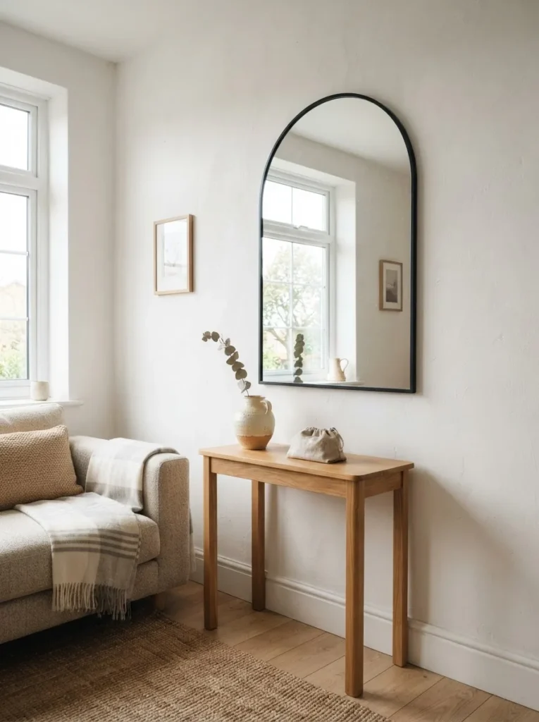  One large wall mirror with a simple thin frame in a small living room, reflecting natural window light, making the room feel larger and brighter, minimal renter-friendly decor