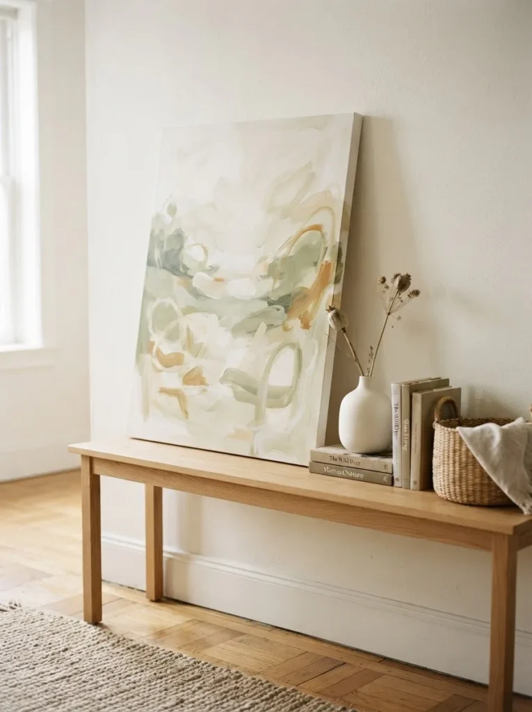 Large canvas print leaning against a wall on a wooden console table in a renter apartment, styled with a small vase and soft book stack, warm natural light
