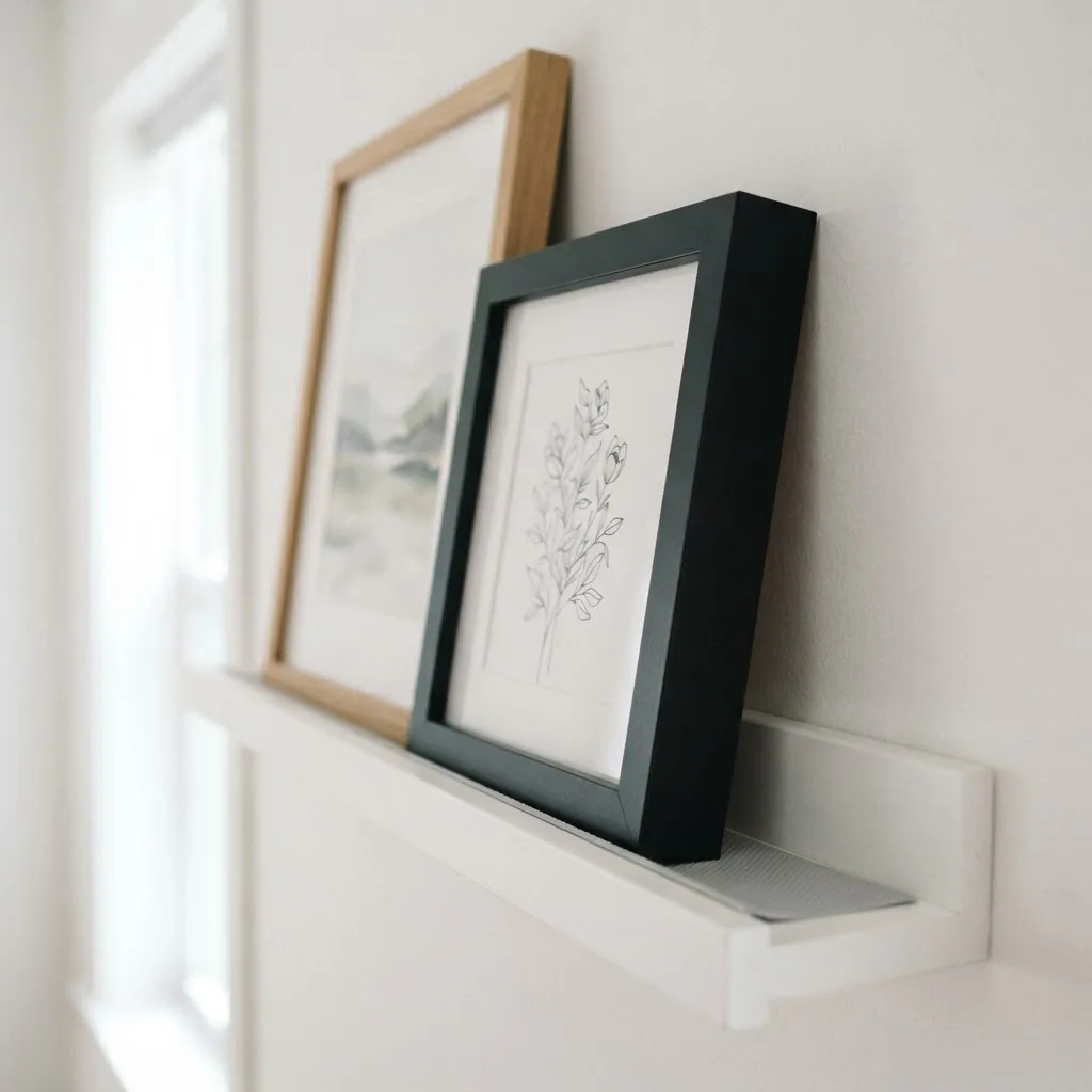 Side-angle view of a narrow picture ledge showing leaning framed prints stabilized with a rubber grip liner strip beneath the frame base, bright natural light