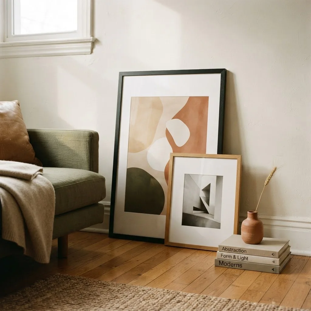 Large framed print leaned against a white rental apartment wall behind a low sofa, layered with a smaller frame in front, warm neutral tones, cozy real-home atmosphere