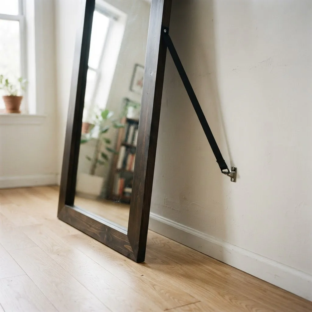 Leaning floor mirror base against a wall showing anti-tip anchor strap attached to wall stud for safety with children and pets