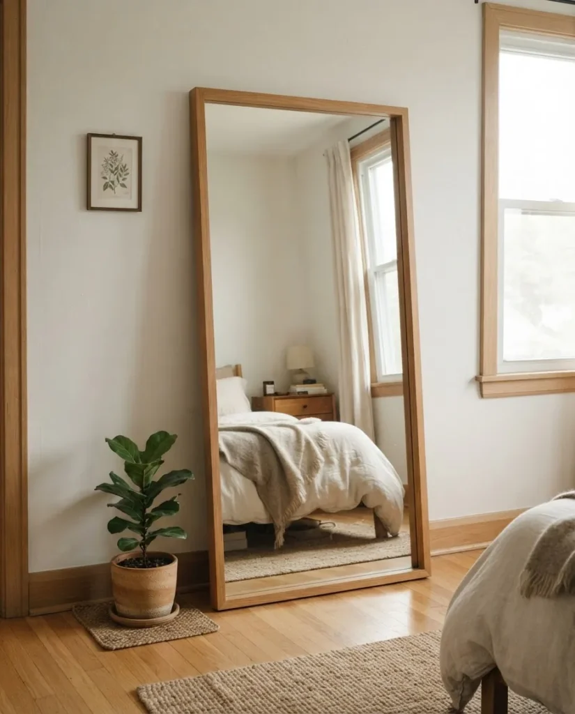 large leaning floor mirror against a bedroom wall in a real apartment, showing scale and placement context, warm natural light