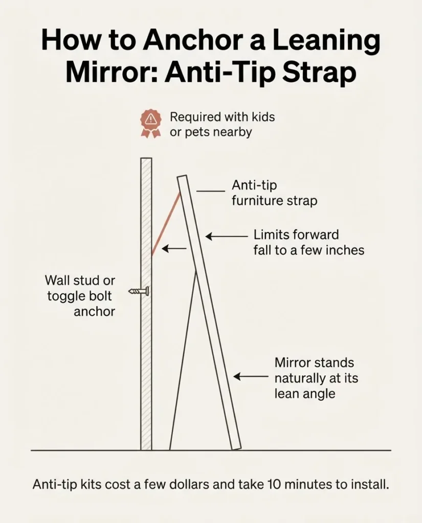 Simple labeled diagram showing how an anti-tip furniture strap anchors a full-length leaning mirror to the wall stud to prevent tip-over