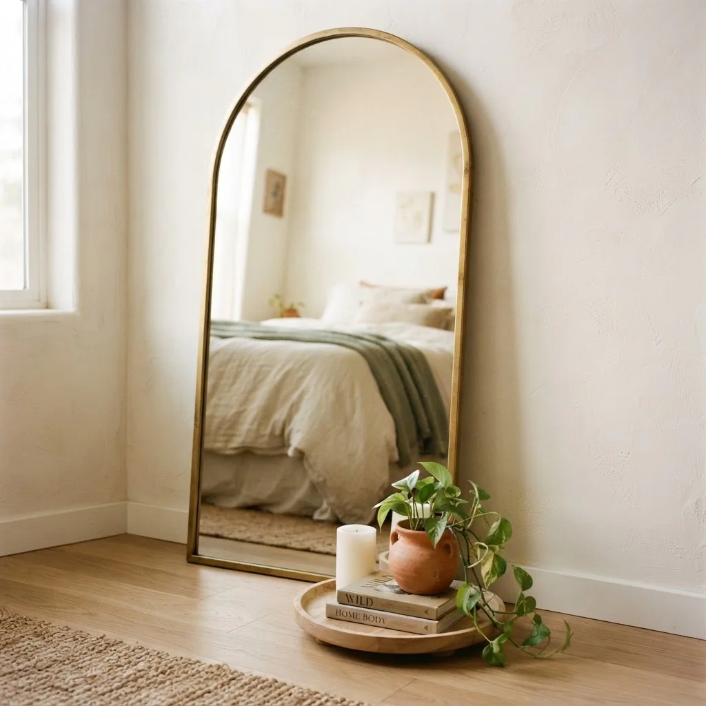Full-length gold arched mirror leaning against a neutral wall in a small bedroom, styled with a wooden tray, small green plant, and stacked books at the base, warm natural daylight