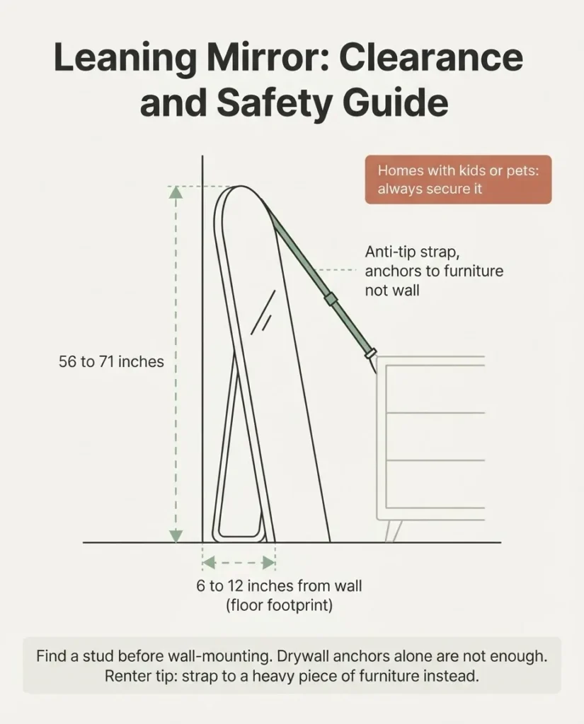 Side-view diagram of a leaning arched floor mirror showing wall clearance, floor footprint distance, and anti-tip strap attachment point for renters