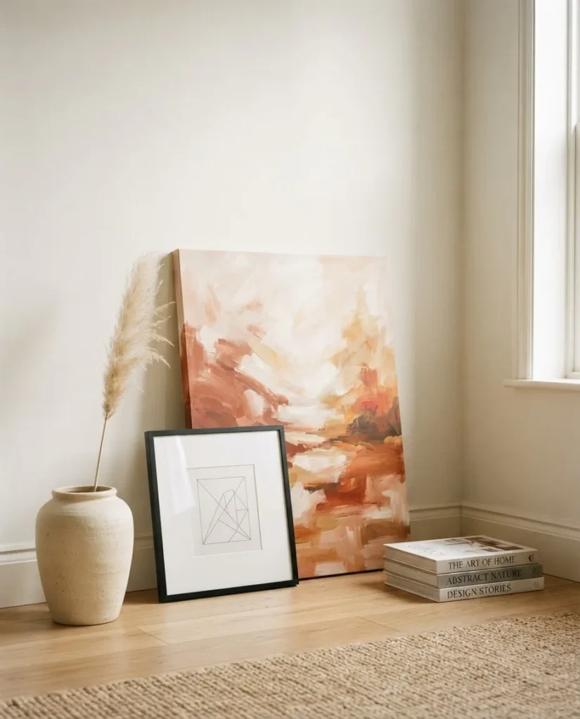 Large framed art and smaller canvas leaned and layered on a living room floor against a light wall, styled with a trailing plant and stacked books, casual and intentional