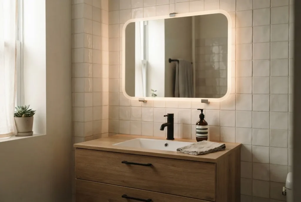 Close-up of a frameless LED bathroom mirror installed above a compact single-sink vanity in a small apartment bathroom showing proportion and mounting hardware against white wall tiles