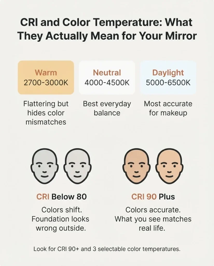 Infographic explaining CRI and color temperature for LED vanity mirrors, showing warm 2700K vs neutral 4000K vs daylight 6500K and CRI 80 vs CRI 90 comparison for makeup accuracy
