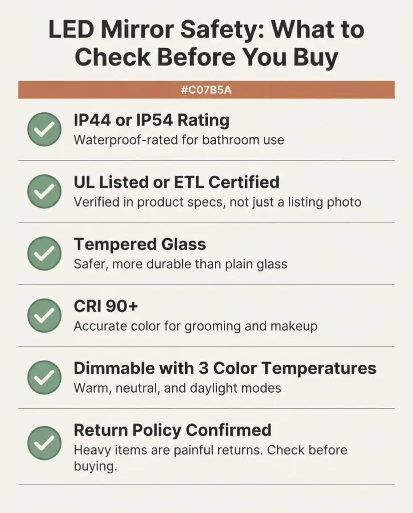 Infographic checklist of LED bathroom mirror safety certifications including IP44 IP54 waterproof ratings UL listing ETL certification and tempered glass requirements