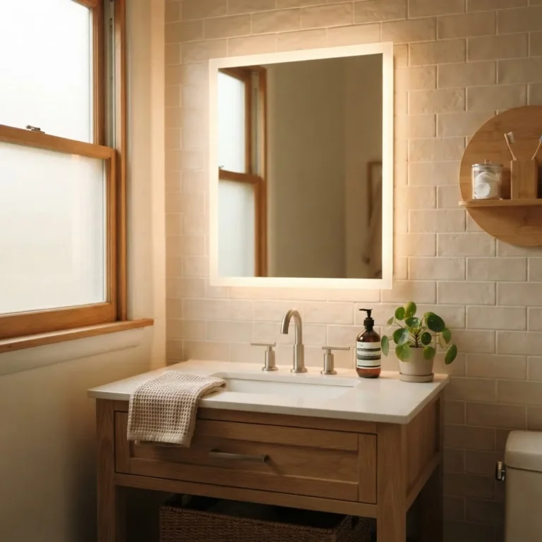 LED vanity mirror with warm backlight installed above a single-sink bathroom vanity in a small apartment bathroom, glowing softly in natural morning light